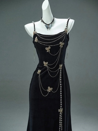 Secretly A Line Spaghetti Strap Beaded Pearl Black Velvet Party Dress Evening Dress DP2413