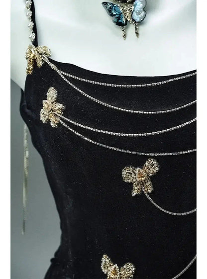 Secretly A Line Spaghetti Strap Beaded Pearl Black Velvet Party Dress Evening Dress DP2413