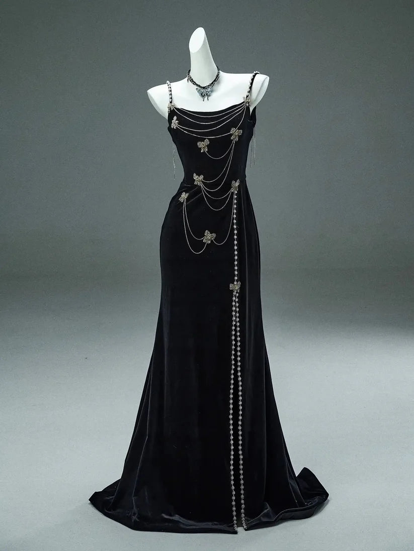 Secretly A Line Spaghetti Strap Beaded Pearl Black Velvet Party Dress Evening Dress DP2413