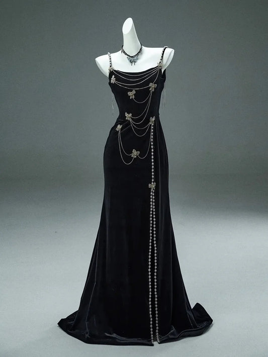 Secretly A Line Spaghetti Strap Beaded Pearl Black Velvet Party Dress Evening Dress DP2413