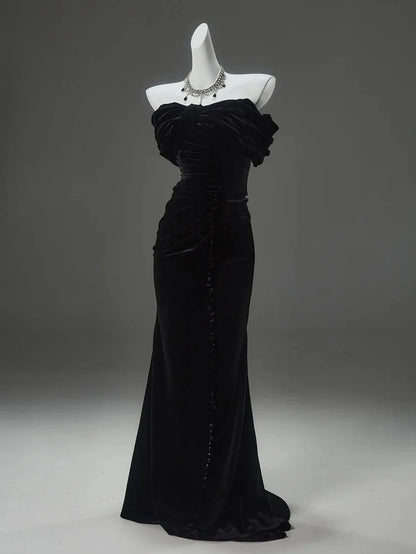 Elegant Mermaid Off the Shoulder Black Velvet Long Prom Dresses Formal Evening Dress DP2380