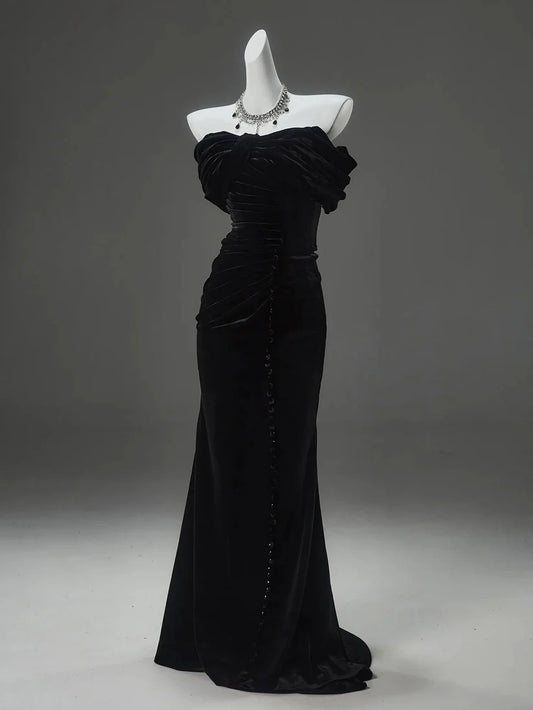 Elegant Mermaid Off the Shoulder Black Velvet Long Prom Dresses Formal Evening Dress DP2380