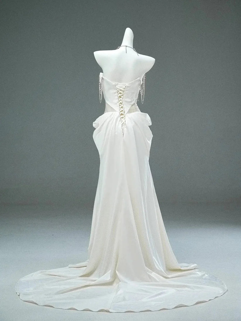 Gorgeous A Line Strapless Rhinestone White Satin Long Prom Dresses Formal Evening Dress DP2381