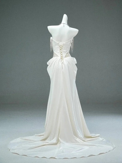 Gorgeous A Line Strapless Rhinestone White Satin Long Prom Dresses Formal Evening Dress DP2381
