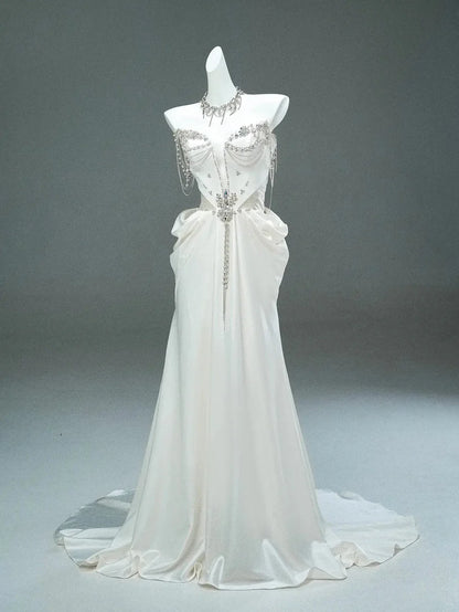Gorgeous A Line Strapless Rhinestone White Satin Long Prom Dresses Formal Evening Dress DP2381