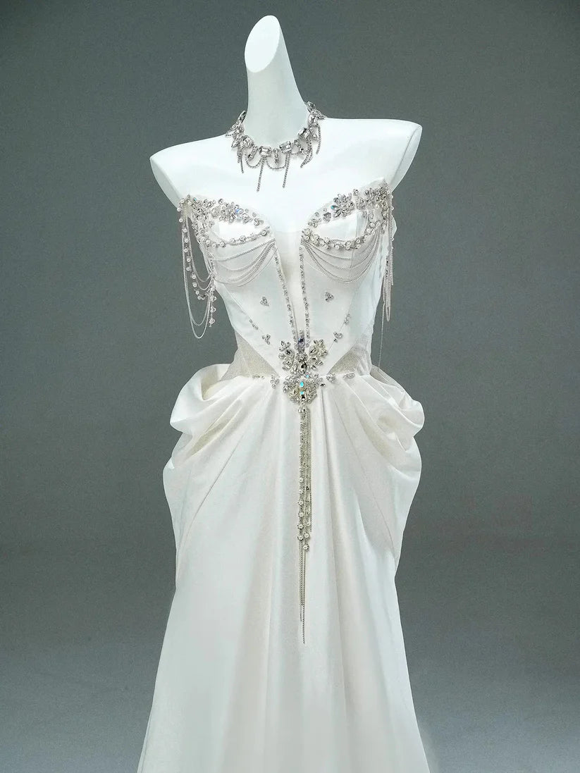 Gorgeous A Line Strapless Rhinestone White Satin Long Prom Dresses Formal Evening Dress DP2381