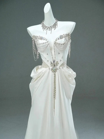 Gorgeous A Line Strapless Rhinestone White Satin Long Prom Dresses Formal Evening Dress DP2381