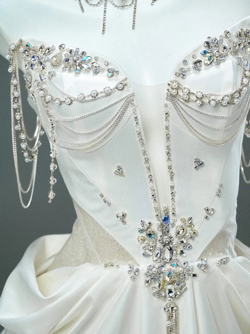 Gorgeous A Line Strapless Rhinestone White Satin Long Prom Dresses Formal Evening Dress DP2381