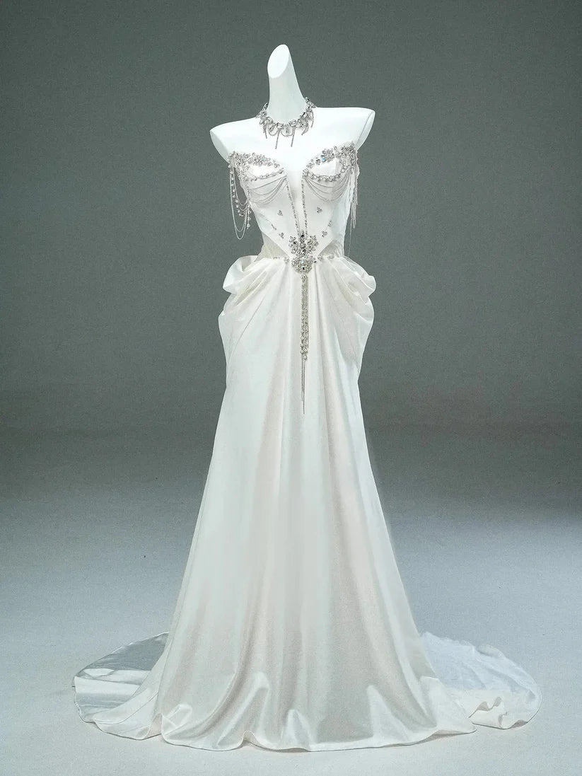 Gorgeous A Line Strapless Rhinestone White Satin Long Prom Dresses Formal Evening Dress DP2381