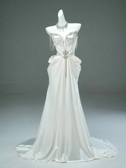 Gorgeous A Line Strapless Rhinestone White Satin Long Prom Dresses Formal Evening Dress DP2381