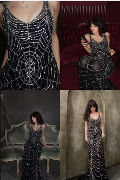 Sexy Black Sheath Straps Shiny Beaded Tulle Backless Long Prom Dress DP8144