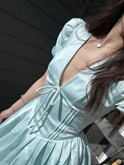 Baby Blue A Line Puff V Neck Satin Short Homecoming Dress Outfits DP3341