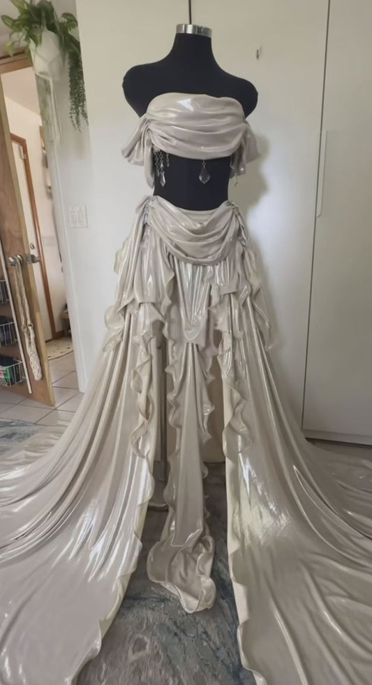 Unique Grey A Line Off the Shoulder Ruffle Satin Prom Dress Evening Dress Date Dress DP3308