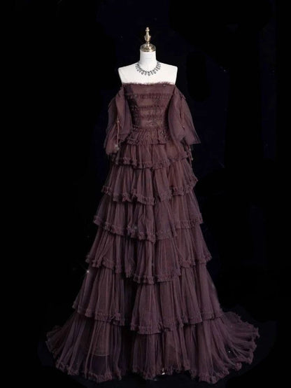 Chic Ball Gown Long Sleeve Brown Beaded Tulle Evening Dress Prom Dress Formal Dress DP3198