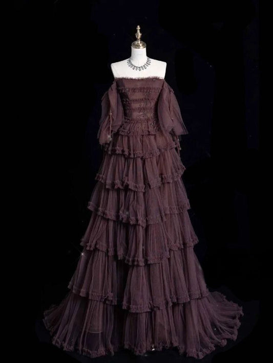 Chic Ball Gown Long Sleeve Brown Beaded Tulle Evening Dress Prom Dress Formal Dress DP3198