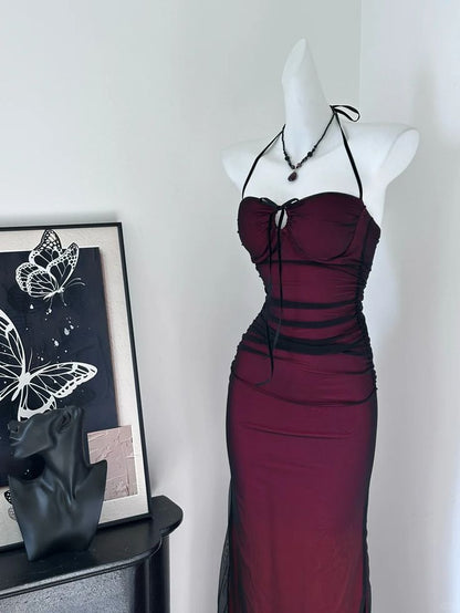 Sexy Sheath Halter Black Burgundy Chiffon Prom Dress Evening Dress DP3833