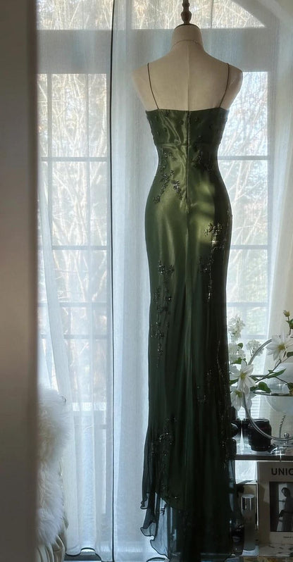 Charming Sheath Halter Beaded Green Chiffon Long Party Dress Evening Dress DP2331