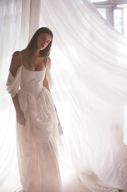 Gentle White A Line Off the Shoulder Chiffon Satin Birthday Dress Wedding Dress DP3033