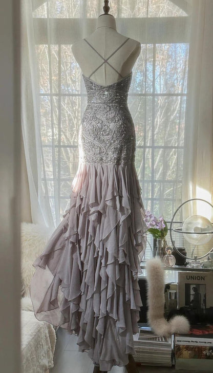 Light Lilac Sheath Spaghetti Strap Beaded Appliques Chiffon Prom Dress Graduation Prom Dress DP1997