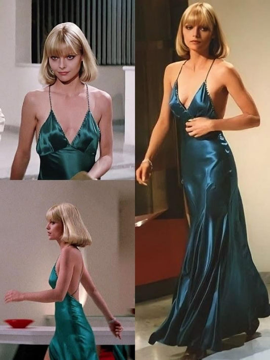 Retro Dark Blue Mermaid Spaghetti Strap Satin Backless Long Prom Dress DP8150