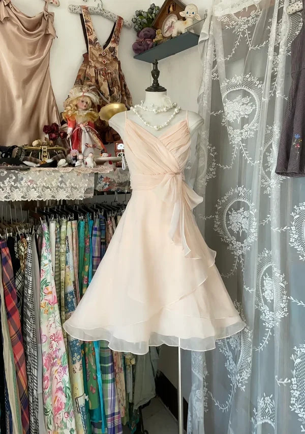 Light Pink Straps A-Line Chiffon Vintage Short Dresses Homecoming Dresses DP7567