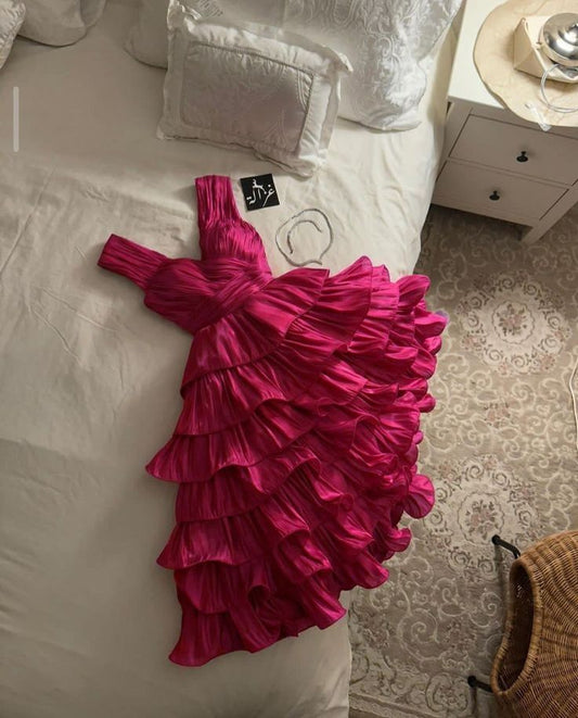 Hot Pink A Line Straps Layered Ruffles Satin Knee Length Homecoming Dress DP1448