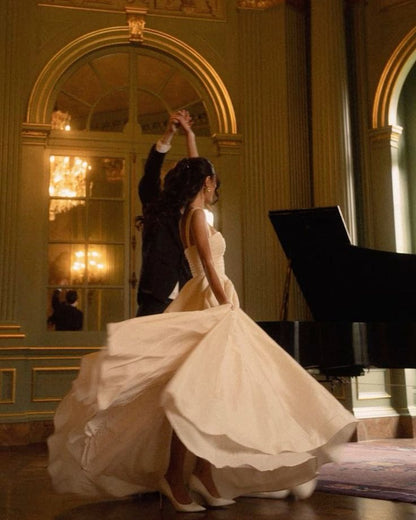 Classic Ball Gown Spaghetti Strap Pleated Simple Satin Wedding Dress DP4371