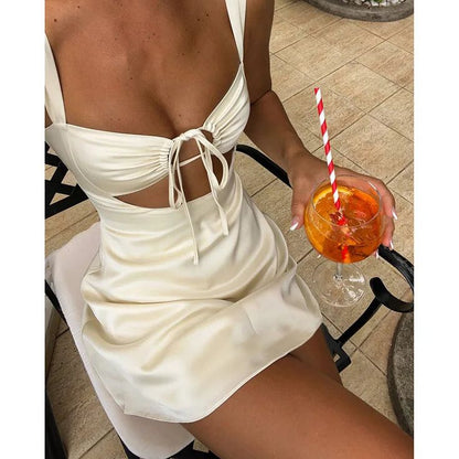 Sexy Simple A Line Spaghetti Strap White Satin Short  Dresses DP930