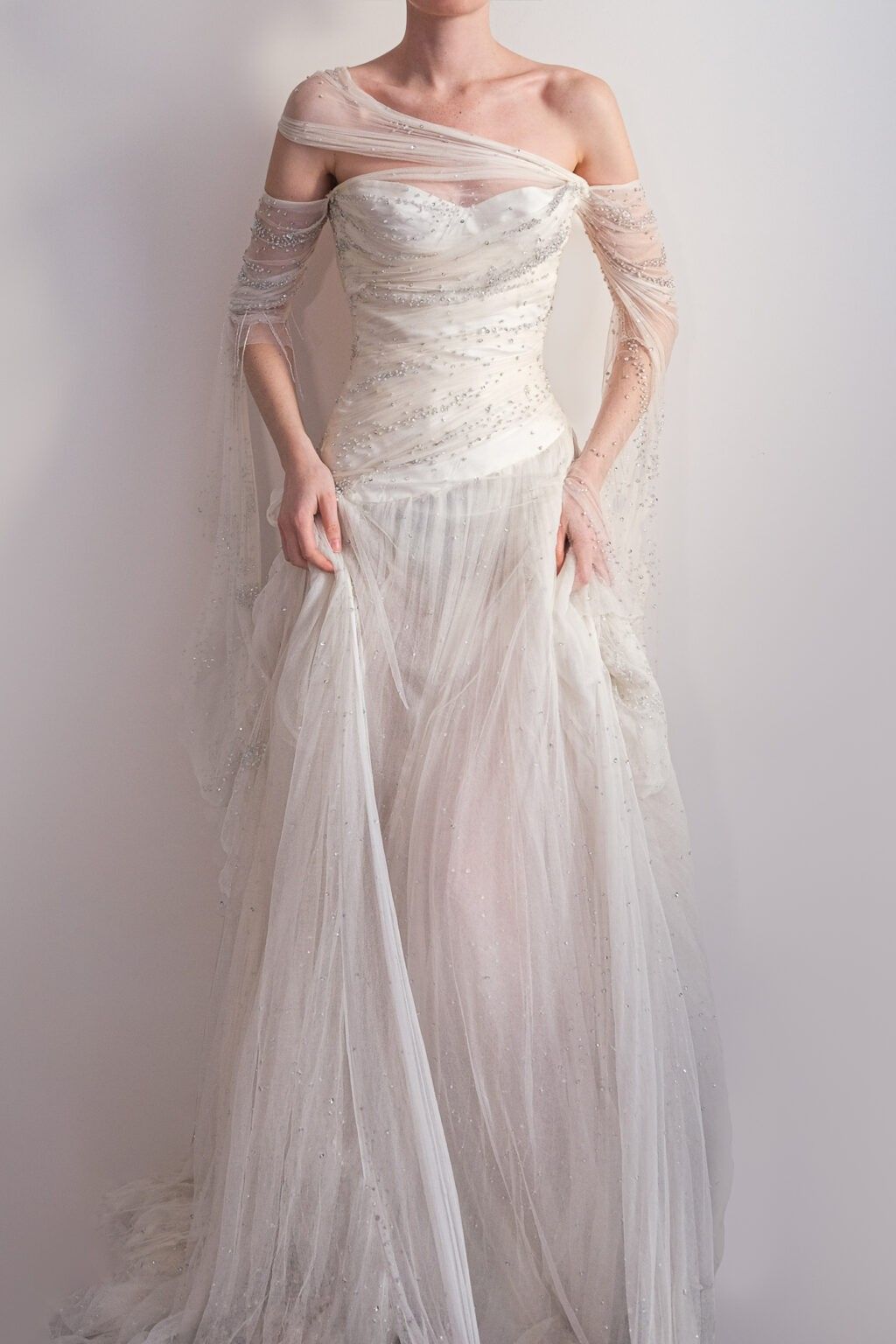 Flowy A Line Long Sleeve Beaded Tulle Party Dress Prom Dress Wedding Dress DP3708