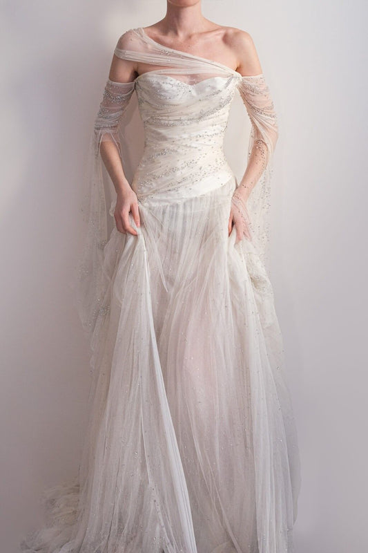 Flowy A Line Long Sleeve Beaded Tulle Party Dress Prom Dress Wedding Dress DP3708