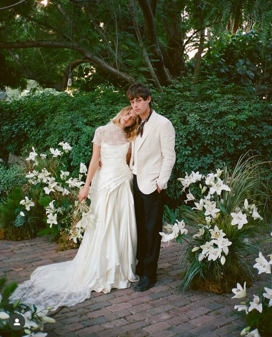 Stylish A Line High Neck Ivory Lace Satin Long Wedding Dress DP7801