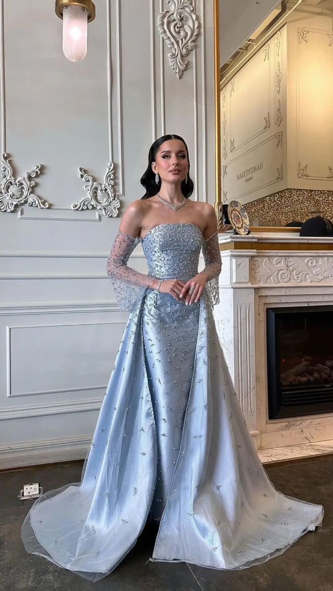 Shiny Blue A Line Strapless Exquisite Rhinestone Satin Prom Dress Evening Dress DP5769