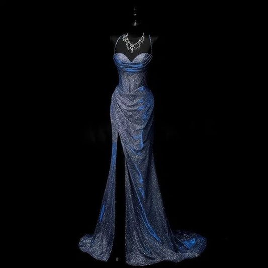 Classy Mermaid Spaghetti Straps Navy Blue Sequin Long Evening Gowns Prom Dress DP3310