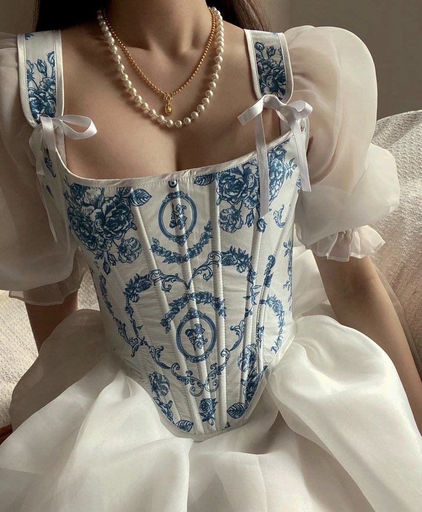 Cute A Line Puff Sleeve White Organza Blue Print Satin Short Prom Dress Homecoming Dress DP7010