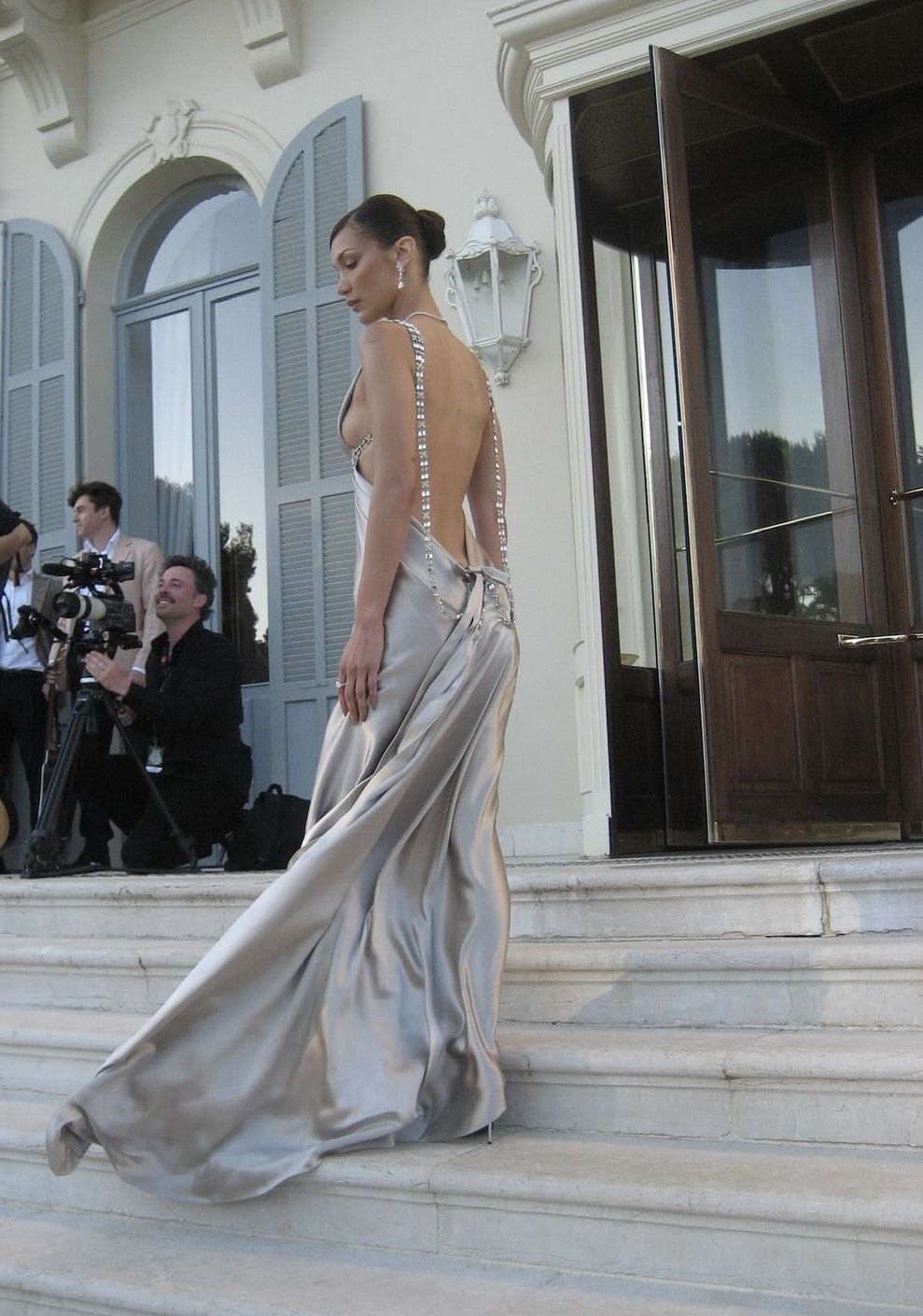 Silver A Line V Neck Beaded Satin Open Back Long Prom Dress DP4412