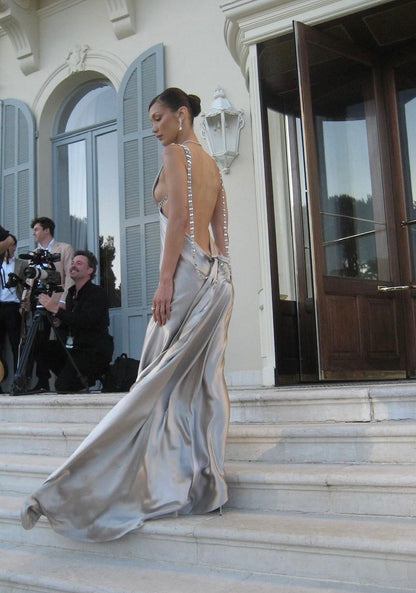 Silver A Line V Neck Beaded Satin Open Back Long Prom Dress DP4412