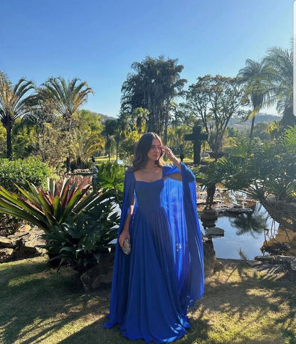 Simple Royal Blue A Line Long Sleeve Chiffon Formal Dress Evening Party Dresses DP3128