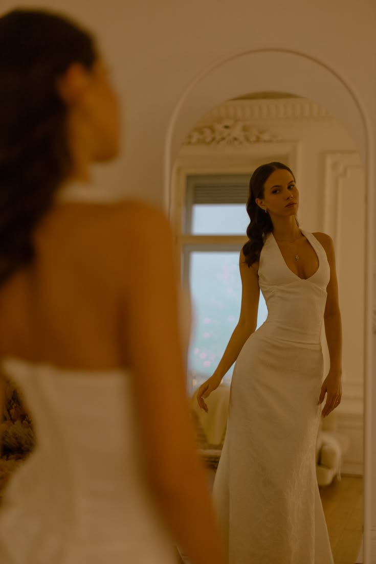 Simple Mermaid Halter Print White Satin Backless Wedding Dress DP6852