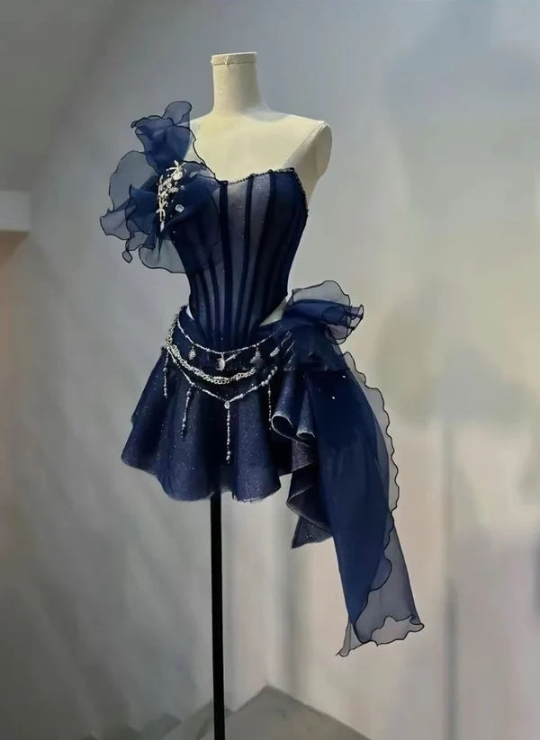 Gorgeous Navy Blue Strapless A-Line Short Homecoming Dress Shiny Mini Birthday Dress DP7542