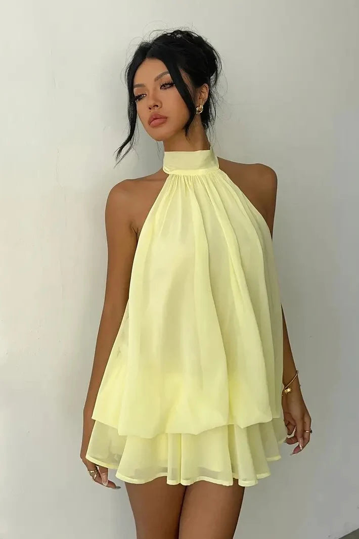 Yellow Sexy Backless Halter Tie Waist Slim Fit Ruffled Mini Dress Homecoming Dress DP5909