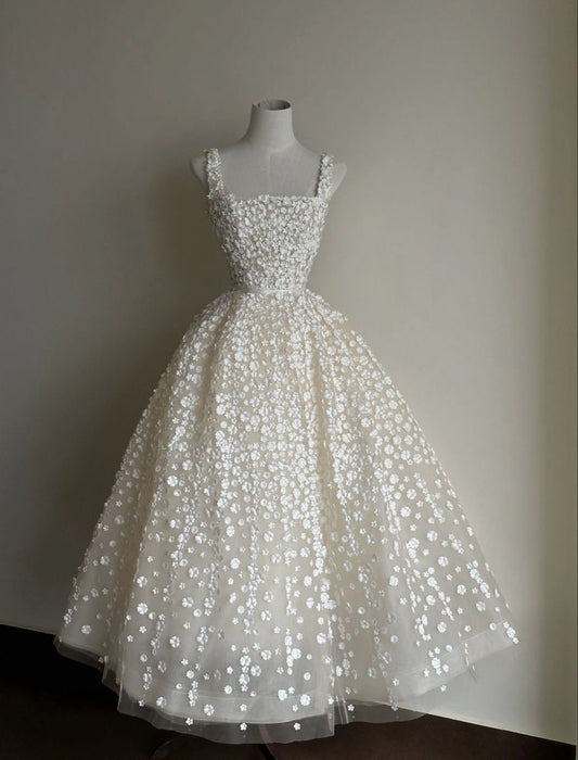 Stunning 3D Floral A Line Spaghetti Strap White Tulle Prom Dress Evening Dress DP8077