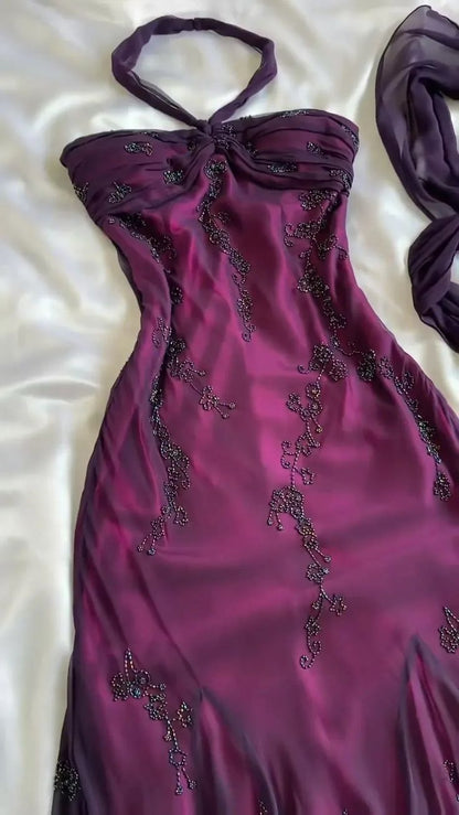 Vintage Mermaid Halter Beads Ruffles Chiffon Prom Dress Evening Dress DP1438