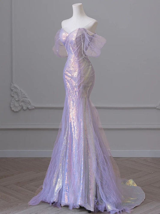 Dreamy Mermaid Off the Shoulder Beaded Purple Sequin Tulle Long Prom Dresses Evening Gowns Party Dres DP3049