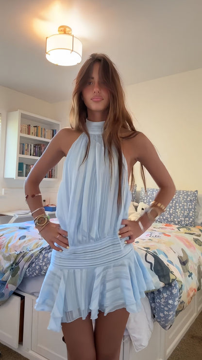 Blue A Line Halter Satin Short Open Back Homecoming Dress Birthday Dress DP4015