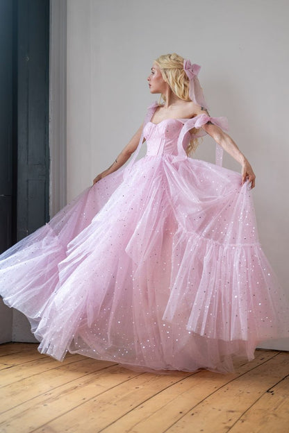 Star Sequin Pink A Line Straps Layered Tulle Date Dress Prom Dress Evening Dress DP3372