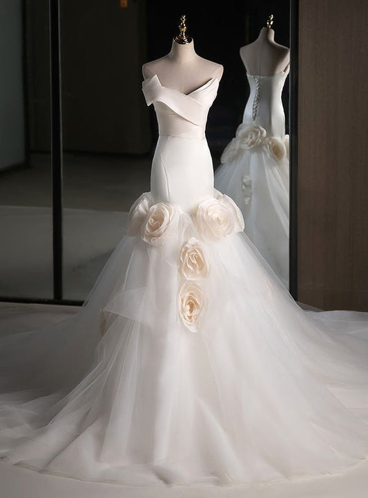 White Mermaid Strapless Satin Tulle Flower Wedding Dress DP1226