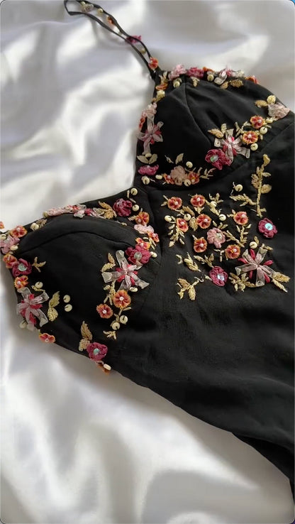 Cute A Line Spaghetti Strap Flower Black Chiffon Homecoming Dress Outfits DP1846