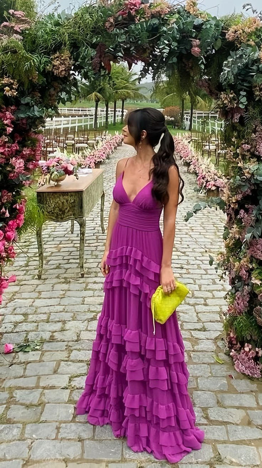 A Line Spaghetti Strap Ruffles Chiffon Evening Dresses DP779