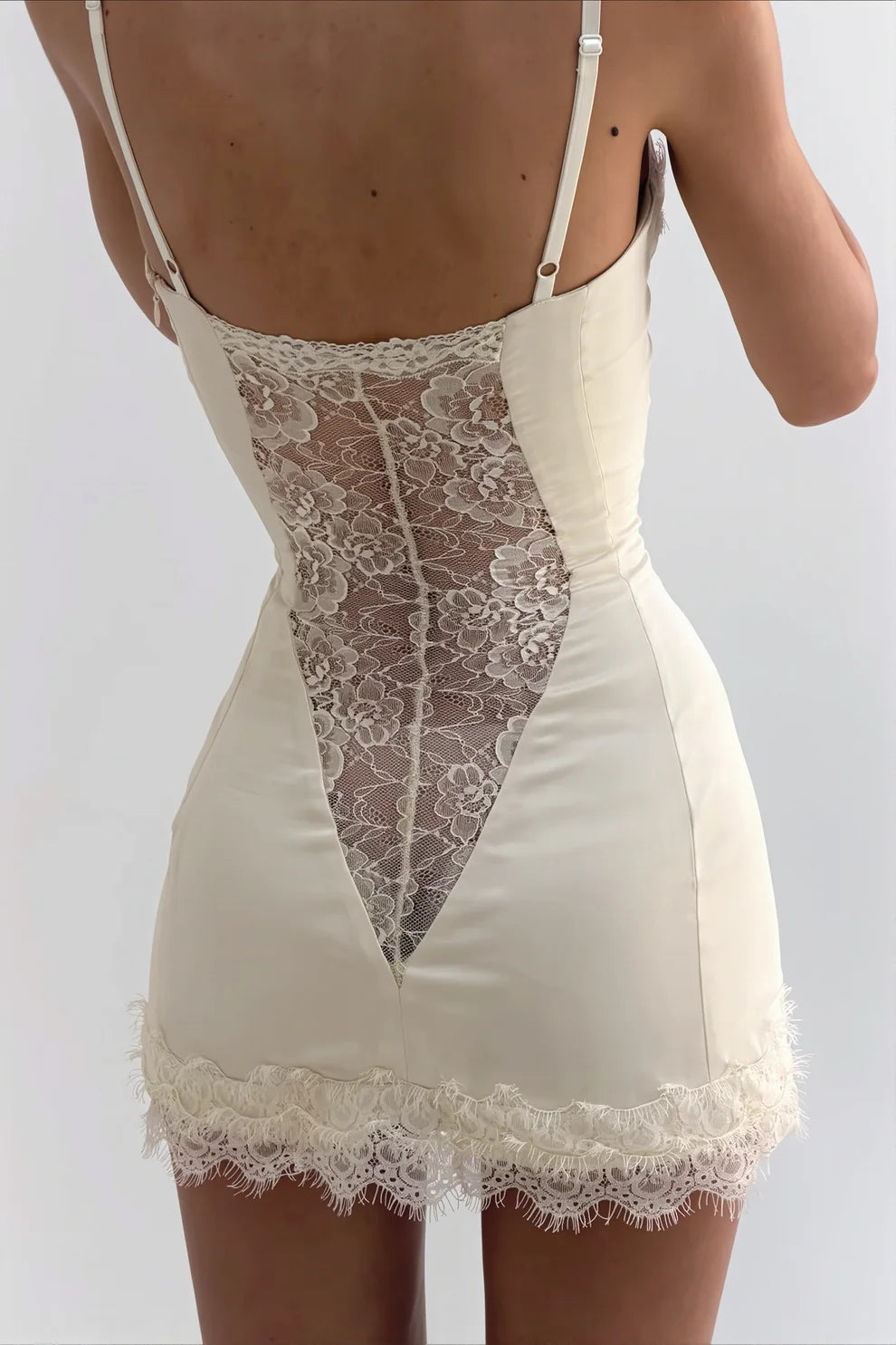 Ivory Sheath Spaghetti Strap Lace Satin Short Homecoming Dress DP7416