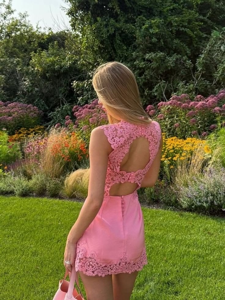 Sweety Pink Sheath Lace Backless Short Prom Dress Homecoming Dress DP7429